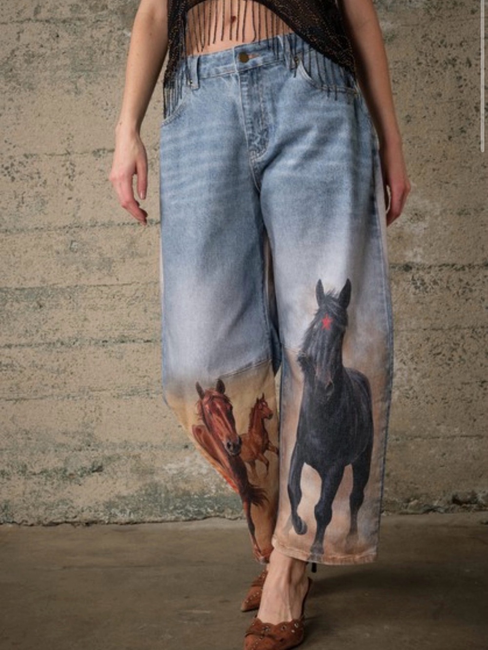 Blue B Horse Print Western Motif Barrel Jeans